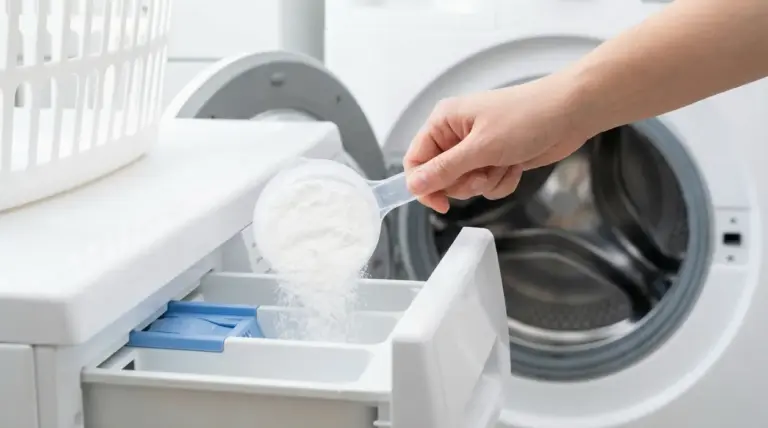 Una mano versa percarbonato di sodio nel cassetto di una lavatrice.