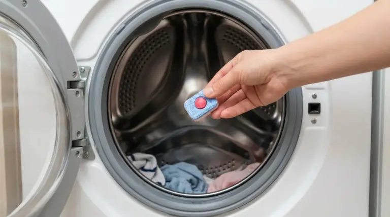 Mano che inserisce una pastiglia per lavastoviglie in una lavatrice aperta