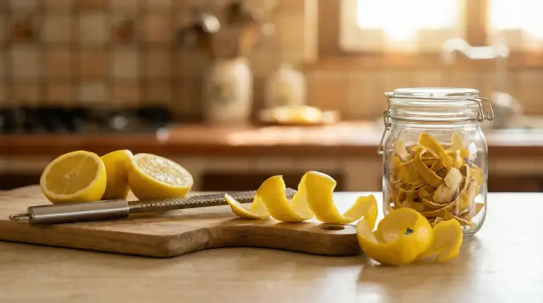Bucce di limone su un tagliere con barattolo di vetro in una cucina luminosa