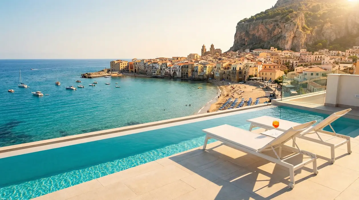 Vista panoramica su una spiaggia italiana con mare cristallino e lettini a bordo piscina