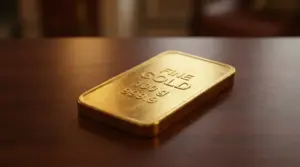 Lingotto d'oro da 100 grammi su una superficie di legno.