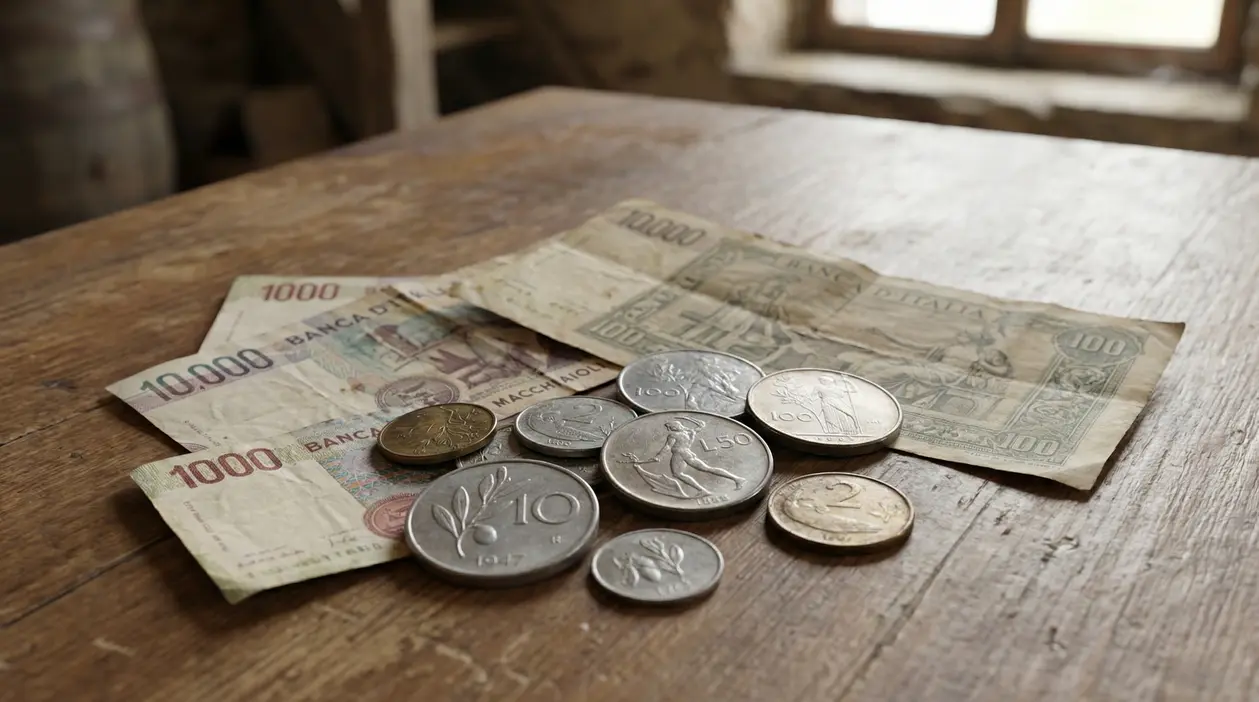 Vecchie banconote e monete italiane in lire su un tavolo di legno