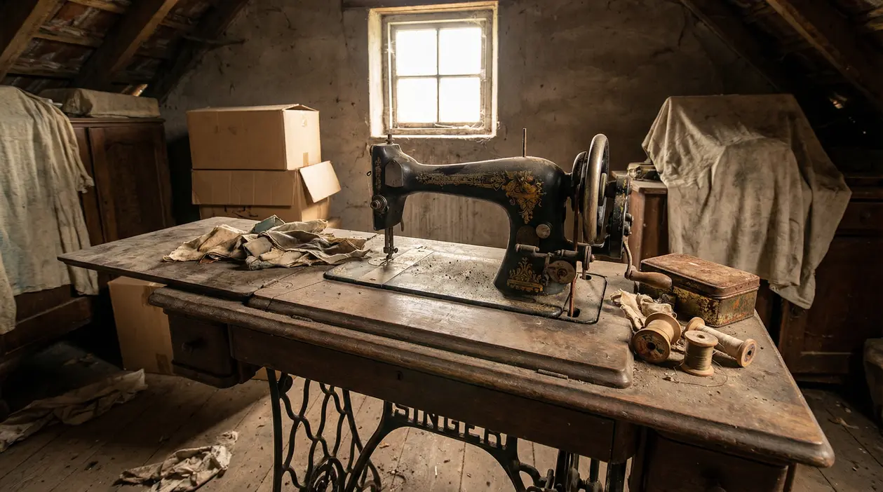 Vecchia macchina da cucire su un tavolo polveroso in una soffitta