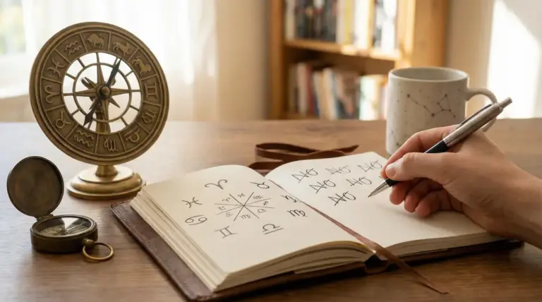 Persona che scrive simboli zodiacali su un quaderno accanto a una ruota astrologica